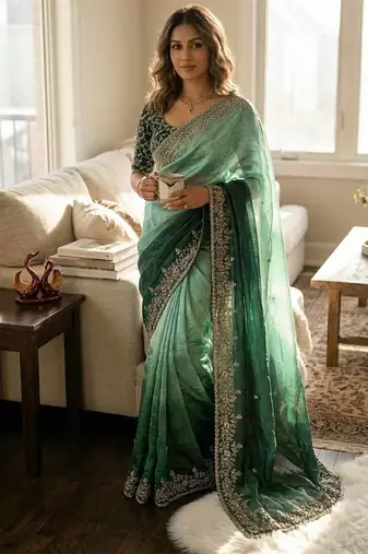 emerald green-bottle green shaded in sequin embroidery chiffon saree 