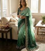 emerald green-bottle green shaded in sequin embroidery chiffon saree 