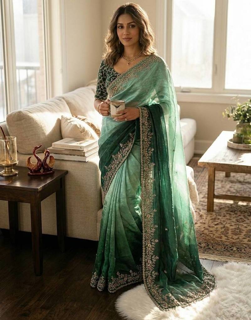 emerald green-bottle green shaded in sequin embroidery chiffon saree 