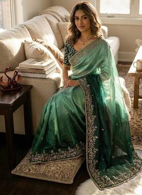 emerald green-bottle green shaded in sequin embroidery chiffon saree  2