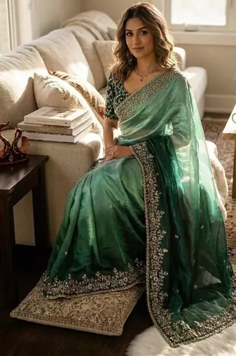 emerald green-bottle green shaded in sequin embroidery chiffon saree 