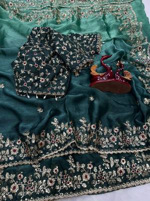 emerald green-bottle green shaded in sequin embroidery chiffon saree  3
