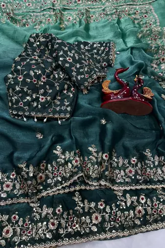 emerald green-bottle green shaded in sequin embroidery chiffon saree 