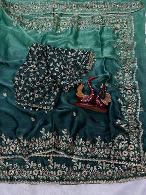 emerald green-bottle green shaded in sequin embroidery chiffon saree  4