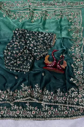 emerald green-bottle green shaded in sequin embroidery chiffon saree 