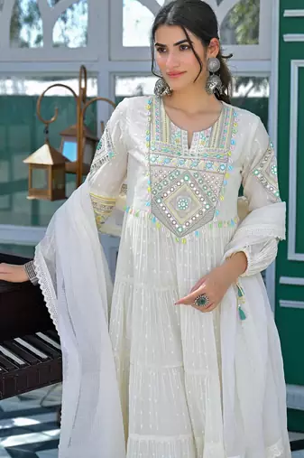 Women's Gorgeous Embroidery Work Flex Cotton Fabric Flared Anarkali Pant and Dupatta Set
