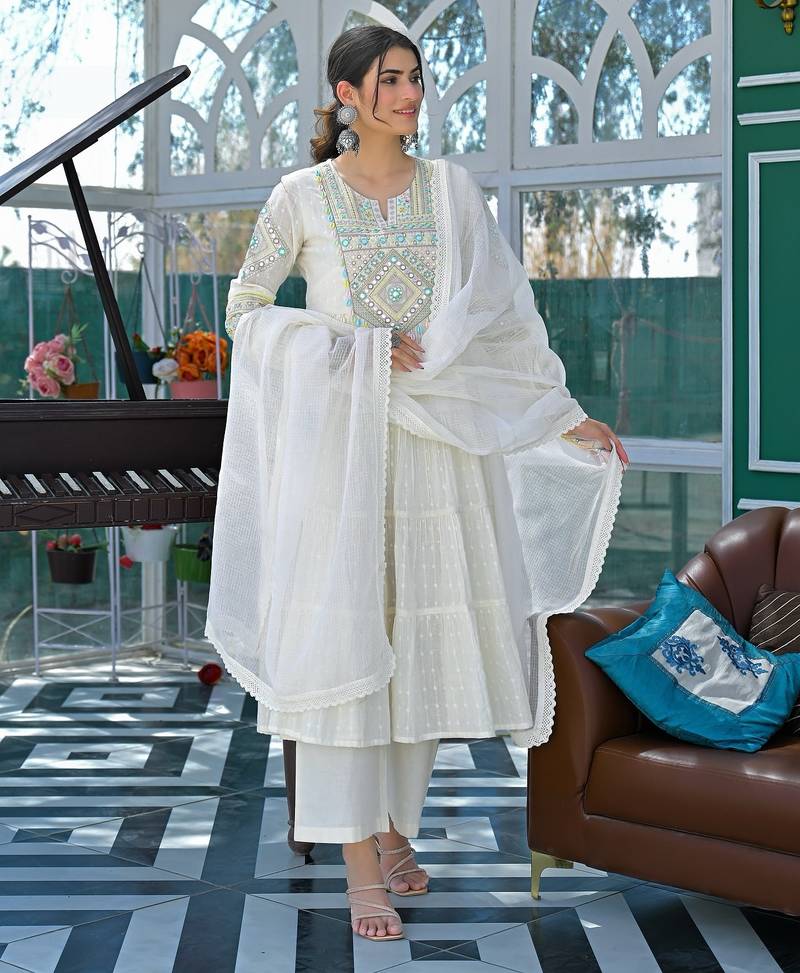 Women's Gorgeous Embroidery Work Flex Cotton Fabric Flared Anarkali Pant and Dupatta Set