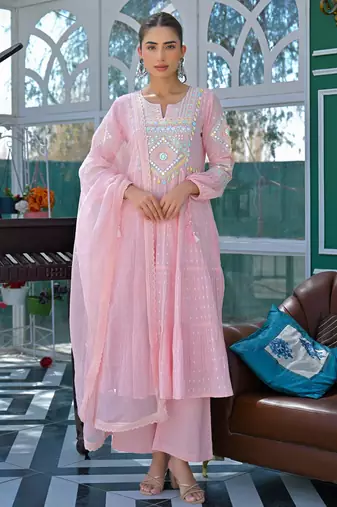 Women's Gorgeous Embroidery Work Flex Cotton Fabric Flared Anarkali Pant and Dupatta Set