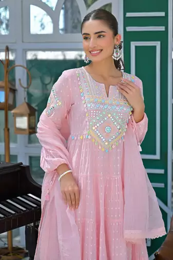Women's Gorgeous Embroidery Work Flex Cotton Fabric Flared Anarkali Pant and Dupatta Set