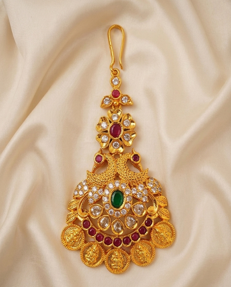 Multicolor peacock kasu bridal maangtikka