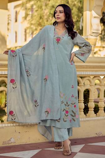Women's Gorgeous Embroidery Work Chanderi Silk Fabric Straight Kurta Pant and Dupatta Set