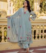 Women's Gorgeous Embroidery Work Chanderi Silk Fabric Straight Kurta Pant and Dupatta Set