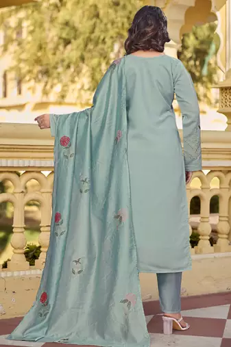 Women's Gorgeous Embroidery Work Chanderi Silk Fabric Straight Kurta Pant and Dupatta Set