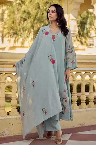 Women's Gorgeous Embroidery Work Chanderi Silk Fabric Straight Kurta Pant and Dupatta Set