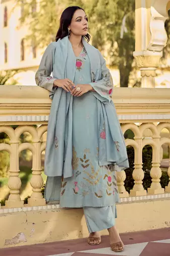 Women's Gorgeous Embroidery Work Chanderi Silk Fabric Straight Kurta Pant and Dupatta Set