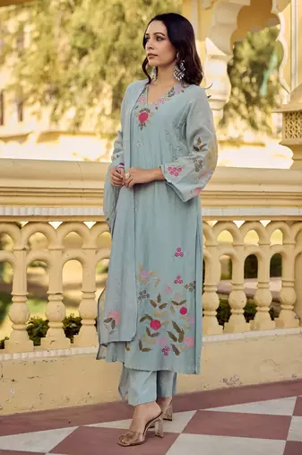 Women's Gorgeous Embroidery Work Chanderi Silk Fabric Straight Kurta Pant and Dupatta Set