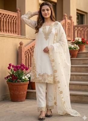 White georgette  party wear embroidery  suit set 2