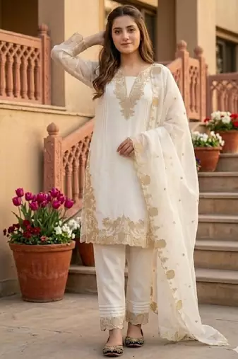 White georgette  party wear embroidery  suit set