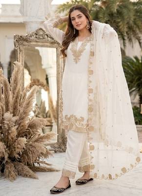 White georgette  party wear embroidery  suit set 3
