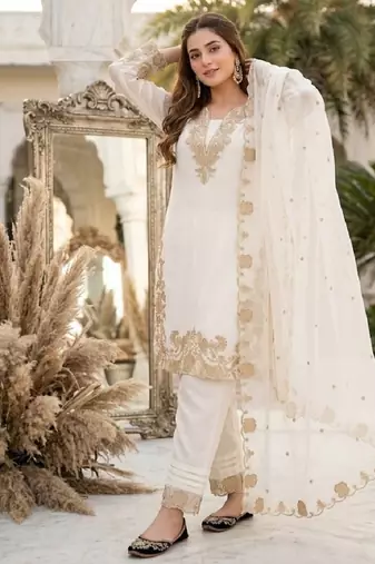 White georgette  party wear embroidery  suit set