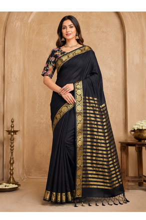 black embroidery with printed zari jaqurad border georgette saree 1