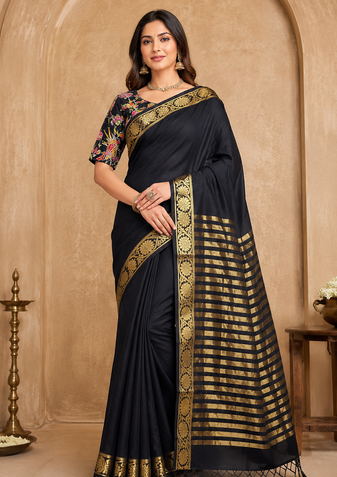 black embroidery with printed zari jaqurad border georgette saree