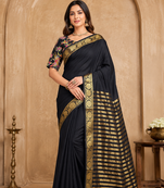 black embroidery with printed zari jaqurad border georgette saree