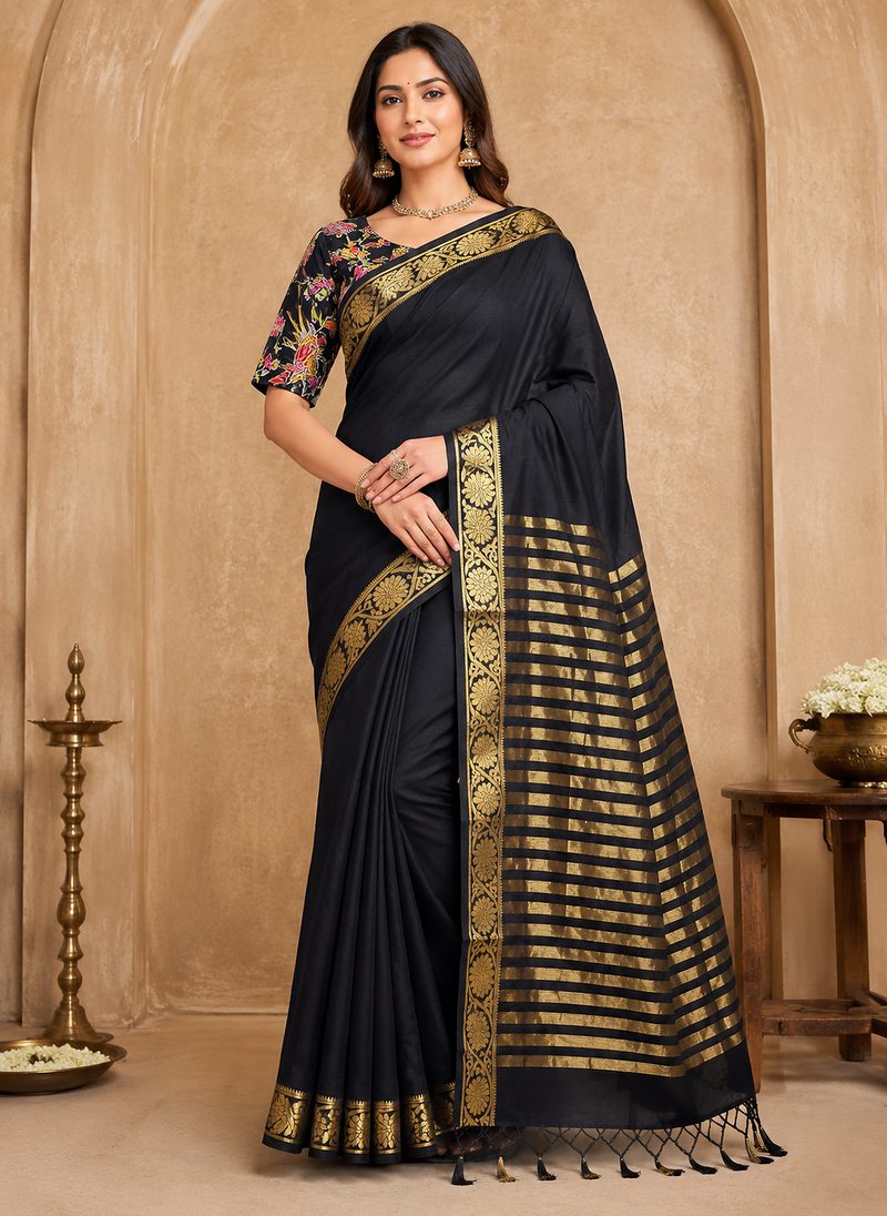 black embroidery with printed zari jaqurad border georgette saree