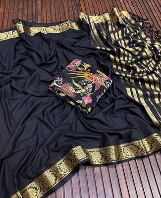black embroidery with printed zari jaqurad border georgette saree 2