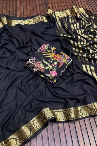 black embroidery with printed zari jaqurad border georgette saree
