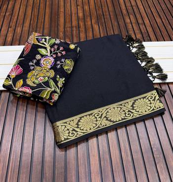 black embroidery with printed zari jaqurad border georgette saree 3