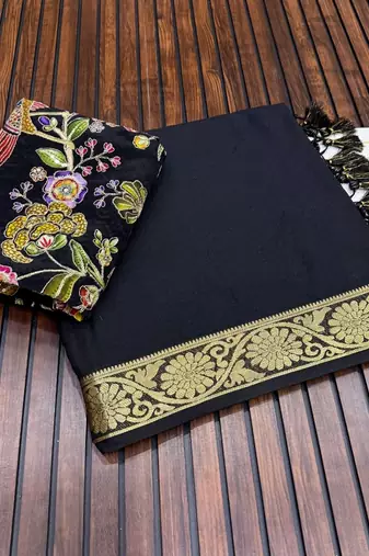 black embroidery with printed zari jaqurad border georgette saree