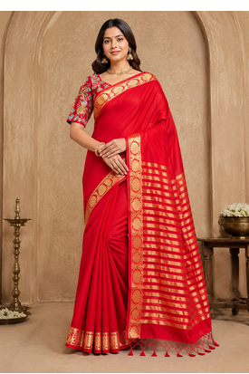 red embroidery with printed zari jaqurad border georgette saree 1