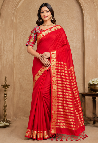 red embroidery with printed zari jaqurad border georgette saree