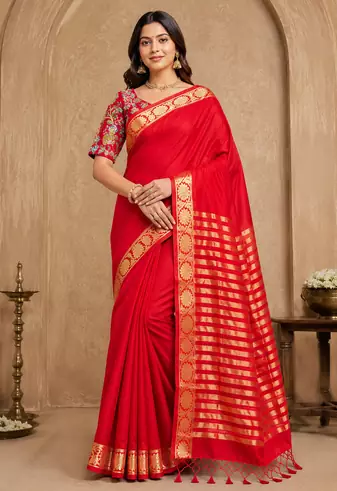 red embroidery with printed zari jaqurad border georgette saree