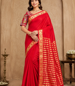red embroidery with printed zari jaqurad border georgette saree