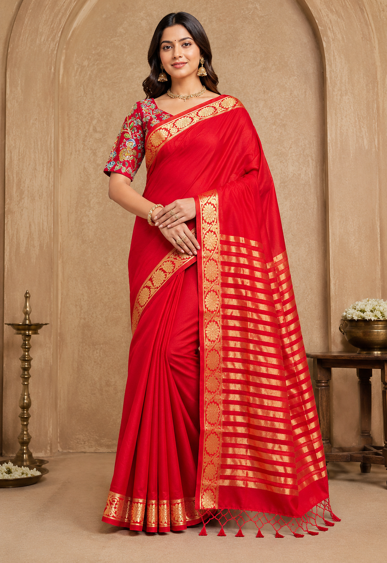 red embroidery with printed zari jaqurad border georgette saree