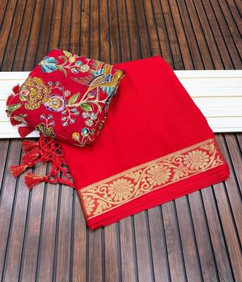 red embroidery with printed zari jaqurad border georgette saree 2