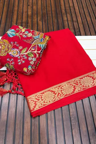 red embroidery with printed zari jaqurad border georgette saree