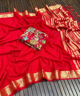 red embroidery with printed zari jaqurad border georgette saree 3