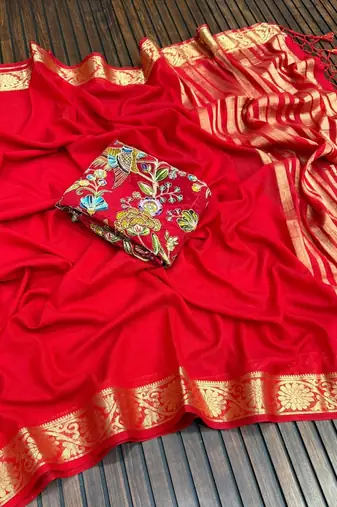 red embroidery with printed zari jaqurad border georgette saree