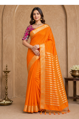 orange embroidery with printed zari jaqurad border georgette saree 1