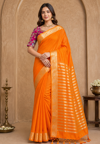 orange embroidery with printed zari jaqurad border georgette saree