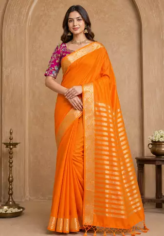 orange embroidery with printed zari jaqurad border georgette saree