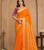 orange embroidery with printed zari jaqurad border georgette saree