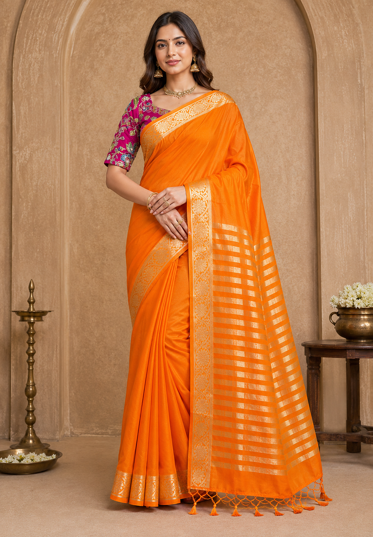 orange embroidery with printed zari jaqurad border georgette saree