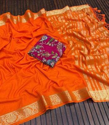 orange embroidery with printed zari jaqurad border georgette saree 2