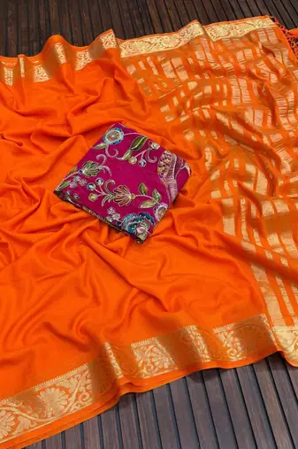 orange embroidery with printed zari jaqurad border georgette saree
