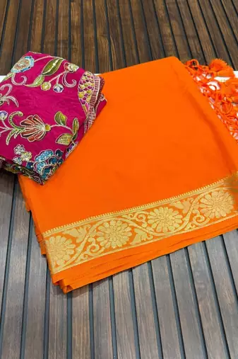 orange embroidery with printed zari jaqurad border georgette saree