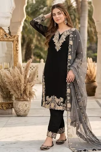 Black georgette  party wear embroidery  suit set